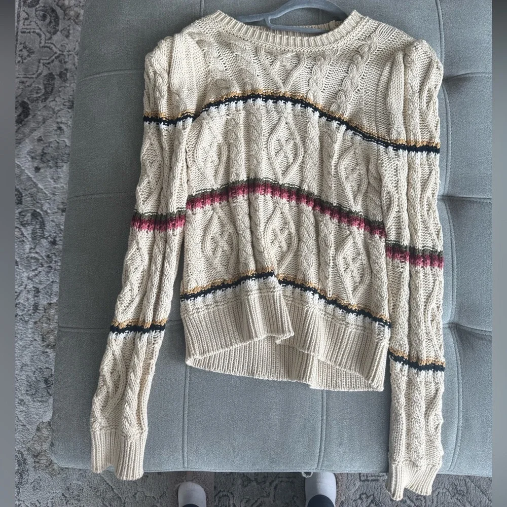 VERONICA BEARD Bruna striped cable-knit cotton-blend sweater in Ecru size medium